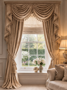 Luxury bespoke curtains and roman blinds in a classic living room interior, made to measure window treatments