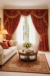 uxury red bespoke curtains with ornate valance in classic living room