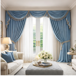 Classic luxury drapes with valance in traditional living room interior bespoke curtains London