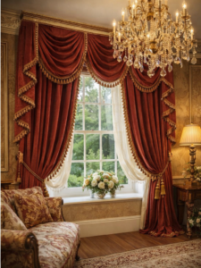 Luxury bespoke curtains and roman blinds in a classic living room interior, made to measure window treatments