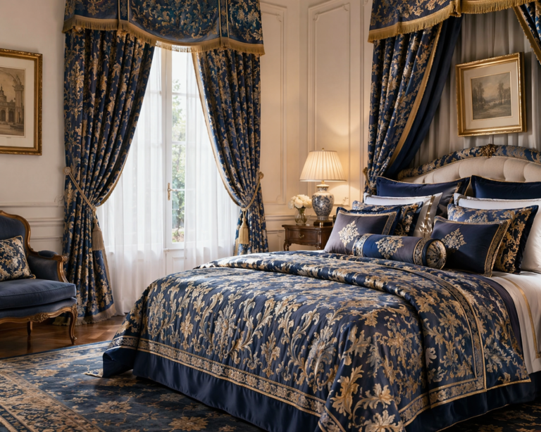 Luxury blue and gold bespoke curtains and bedding in elegant bedroom London