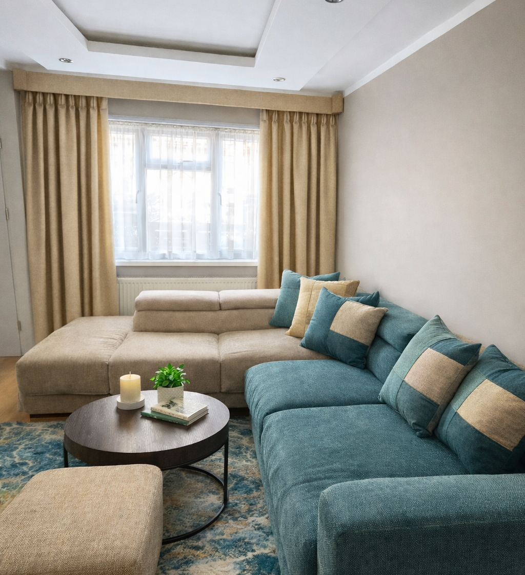 This modern living room features soft neutral curtains paired with a contemporary sofa, creating a calm and balanced interior.