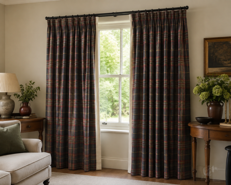 Finished bespoke tartan curtains in an elegant living room